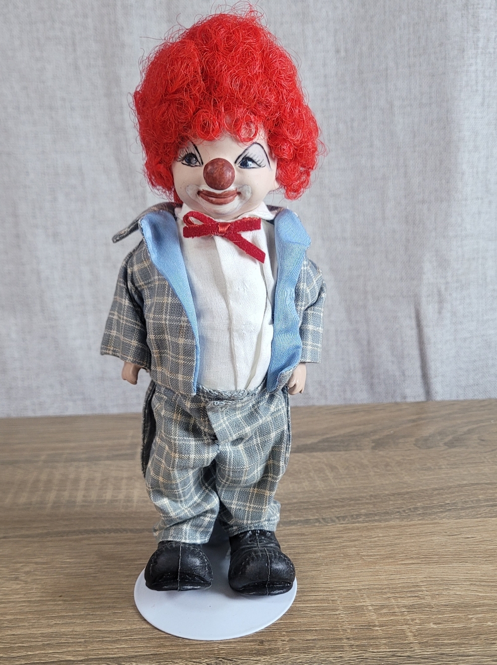 Red-Haired Clown Porcelain Doll in Plaid Outfit - Vintage 90s